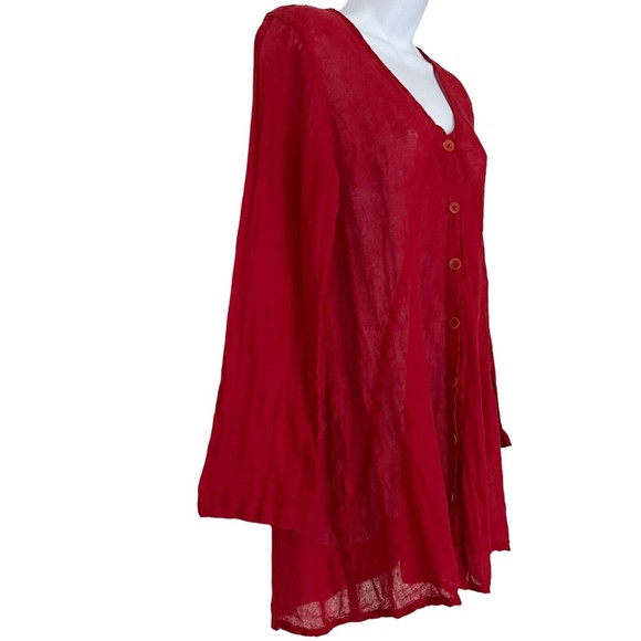 Flax Button Front Tunic Swing Top Red Linen Long Sleeve Lagenlook Womens Small - Picture 3 of 14